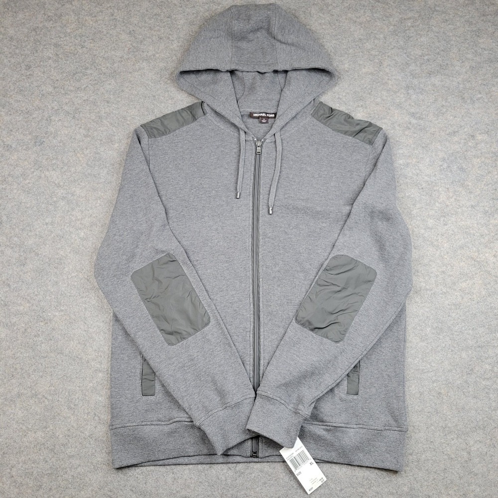 Michael Kors Hoodie Mens XL Ash Gray Full‎ Zip Knit Sweatshirt Nylon Patches